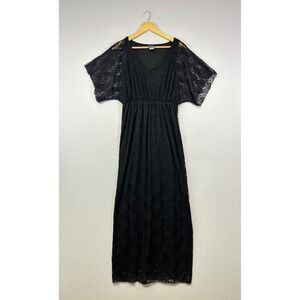 Gothic Romantic Dots Women L Black Floral Lace Empire Waist Flutter Sleeve Maxi